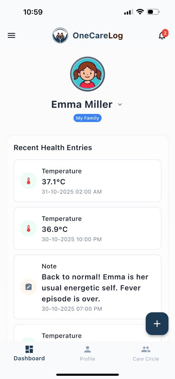 OneCareLog dashboard